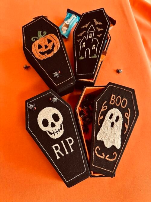 Unique DIY Halloween decoration with embroidered coffin boxes