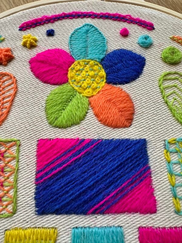 laid-stitch-flower-embroidery Neon 30 | Crewel Embroidery Scroll
